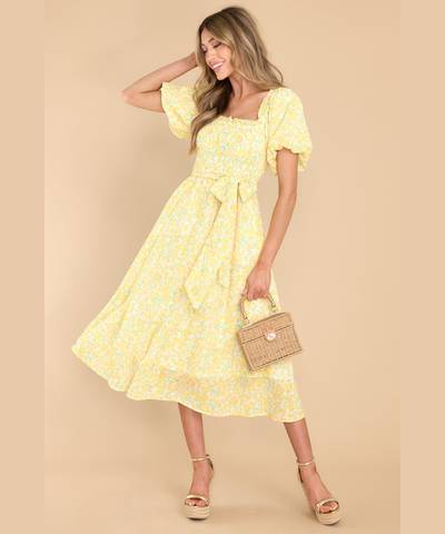 Floral Print Midi Dress - Yellow