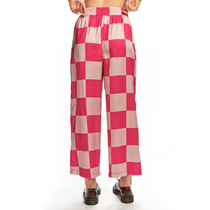 Satin Checkered Shirt + Pant Set - Hot Pink