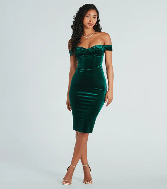 Luxe State Of Mind Velvet Corset Midi Dress - Hunter Green