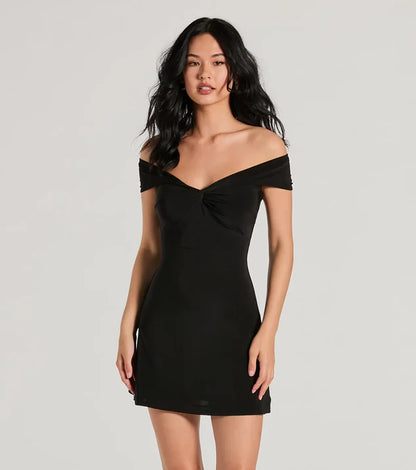 Elevated Chic Off-The-Shoulder A-Line Mini Dress - Black