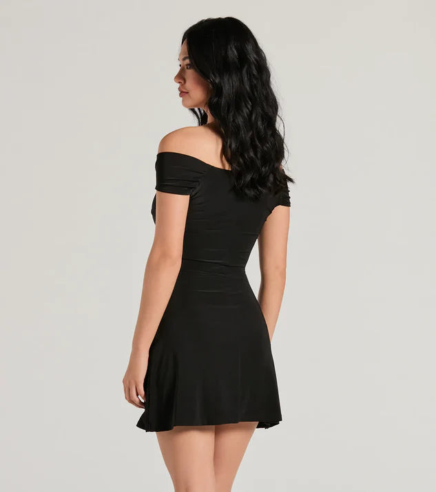 Elevated Chic Off-The-Shoulder A-Line Mini Dress - Black