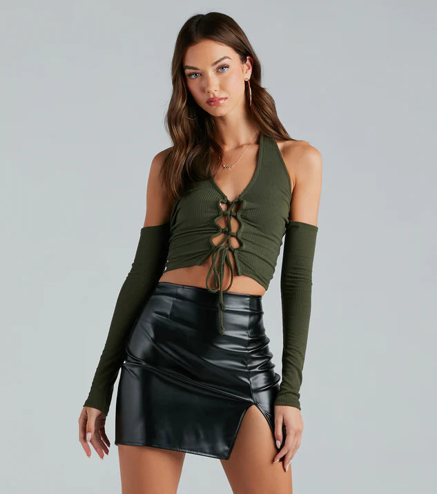 Cool Girl Ties Lace-Up Cold Shoulder Crop Top - Olive