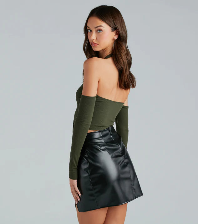 Cool Girl Ties Lace-Up Cold Shoulder Crop Top - Olive