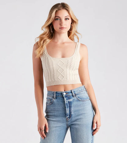 Fall Back In Love Cable Knit Crop Top - Cream