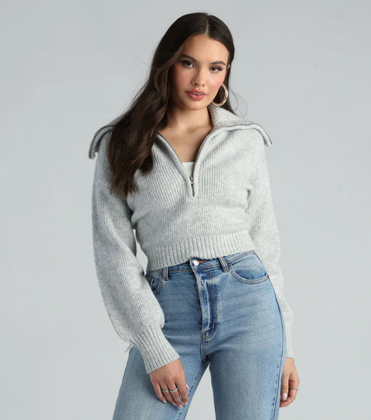 Give Me Cozy Half-Zip Fuzzy Knit Crop Sweater - Gray