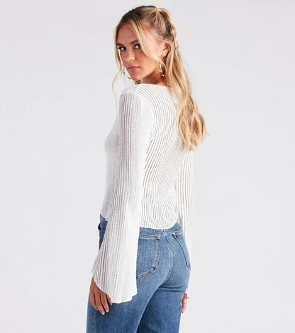 Beachy Vibes Bell Sleeve Tie-Front Top - White