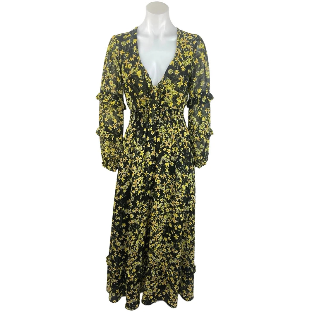 Marianna Floral Ruffle Long Sleeve Prairie Maxi Dress - Black
