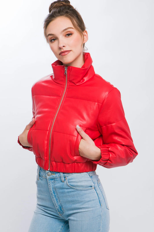 Faux Leather Crop Puffer Jacket - Red