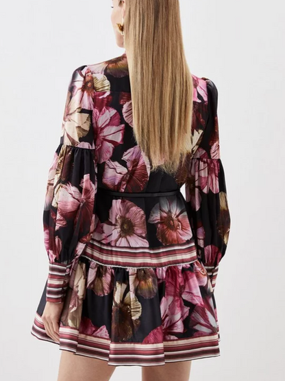 Floral Printed Belted Woven Mini Dress