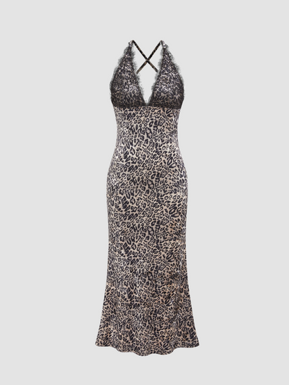 Velvet V-neck Leopard Ruffle Mermaid Maxi Dress - Coffee