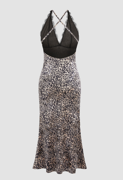 Velvet V-neck Leopard Ruffle Mermaid Maxi Dress - Coffee