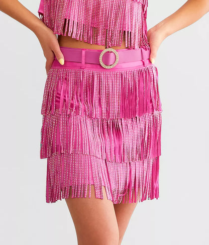 Tiered Rhinestone Fringe Mini Skirt - Pink