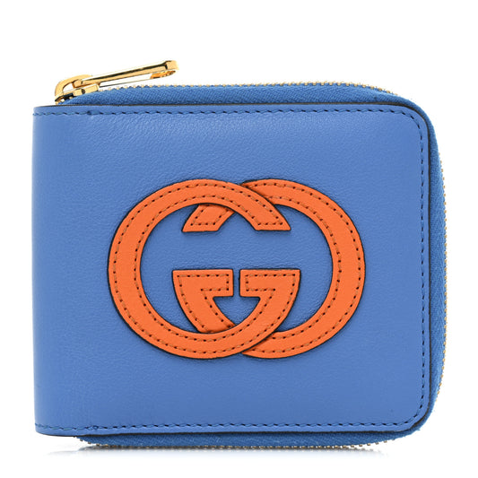 Vitello Eclipse Interlocking G Zip Around Card Case Wallet - Blue/Orange