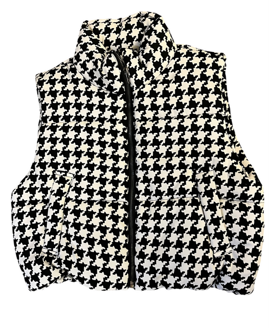 Cropped Puffer Vest - Houndstooth