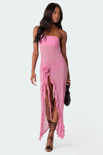 Suri Sheer Mesh Flower Pin Maxi Dress - Pink