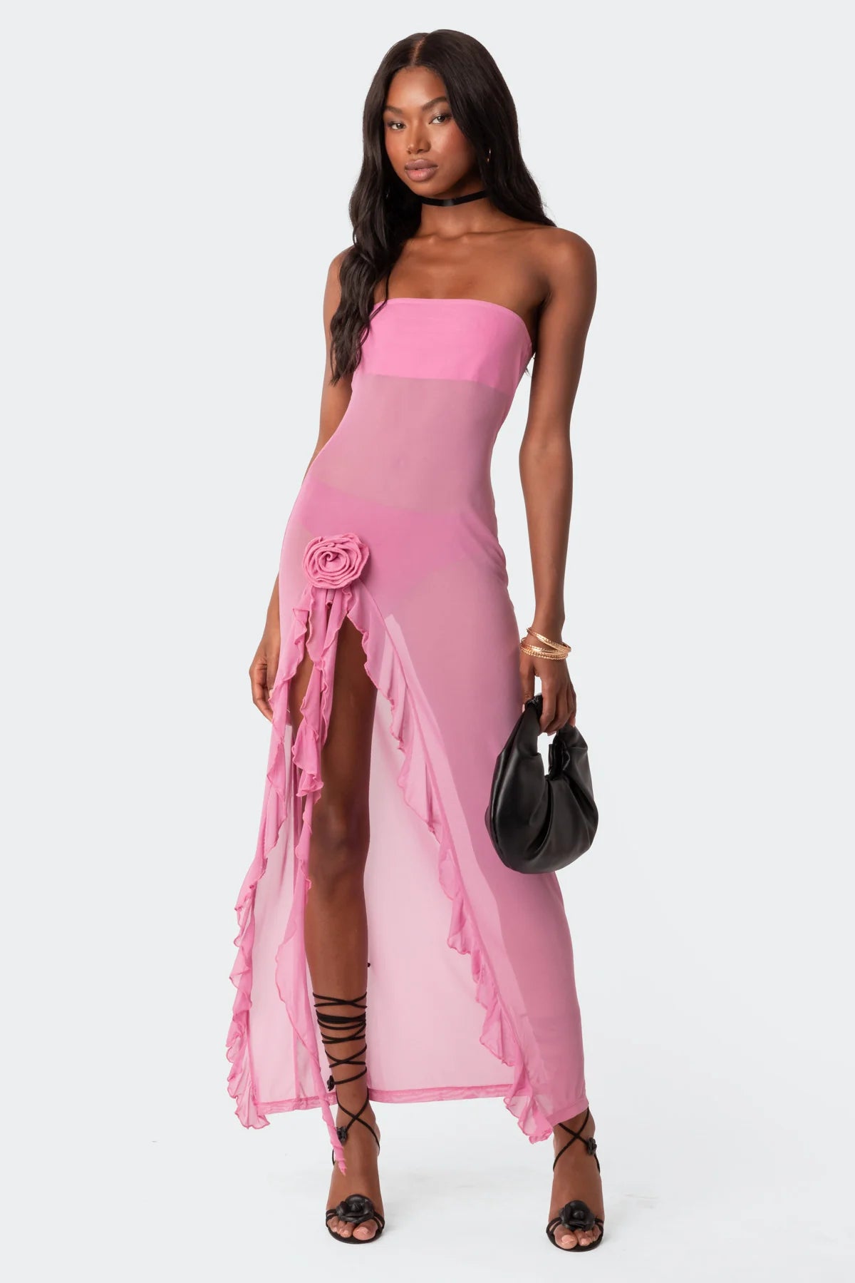 Suri Sheer Mesh Flower Pin Maxi Dress - Pink