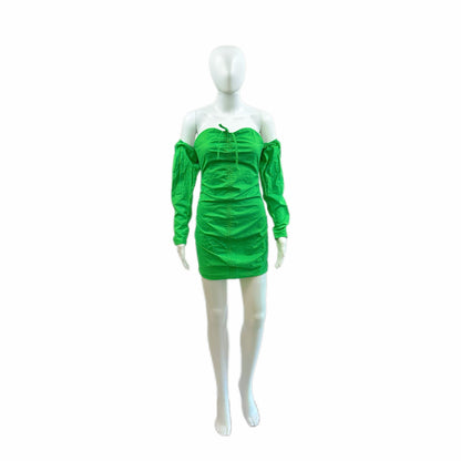 Off-Shoulder Long Sleeve Mini Dress - Green