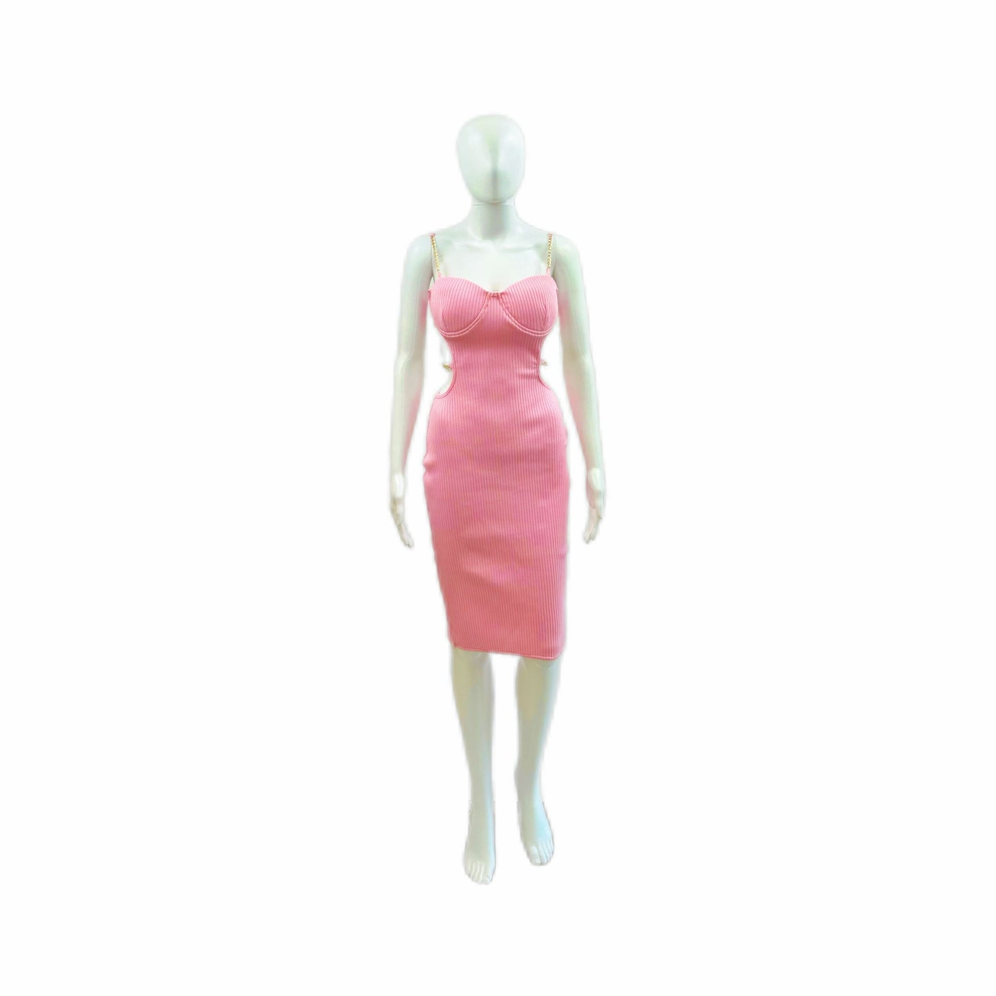 Sleeveless Hollow Out Chain Knit Mini Bandage Dress - Pink