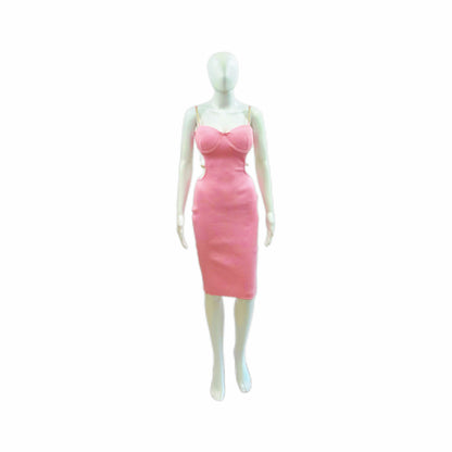 Sleeveless Hollow Out Chain Knit Mini Bandage Dress - Pink