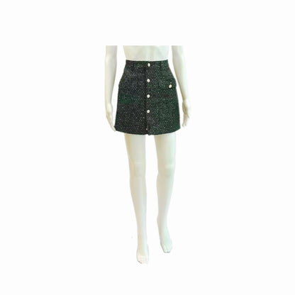 Black Tweed Rhinestone Button-Front Mini Skirt