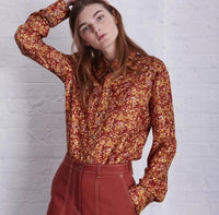 Silk Floral Print Button-Up Top - Orange