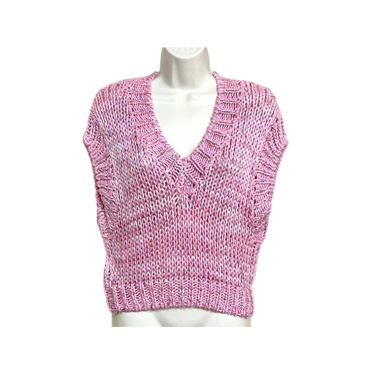 Junior Pink V-Neck Sleeveless Open Knit Cropped Sweater Vest - Pink