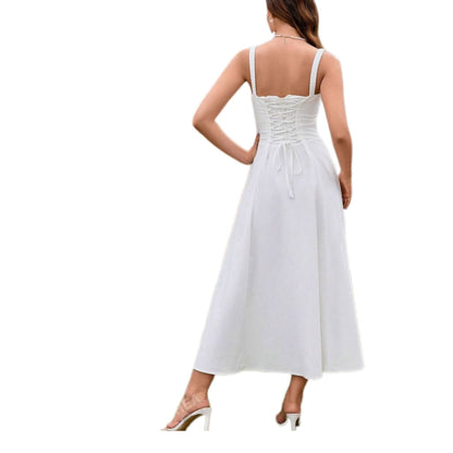 Tie Front Slit Thigh Boning Ruched Cami Bodycon Long Dress - White