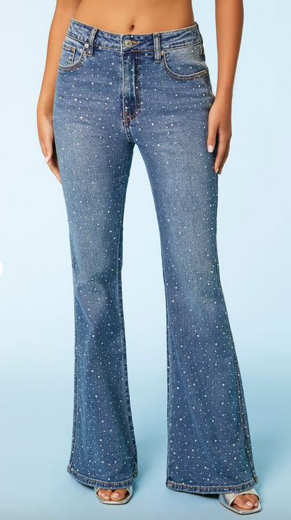 Rhinestone Flare Jeans - Denim