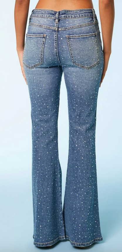 Rhinestone Flare Jeans - Denim