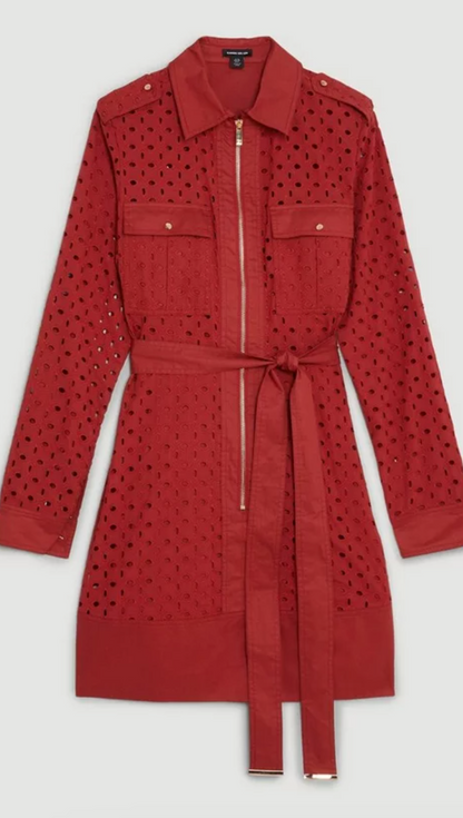 Petite Eyelet Cotton Mix Zip Woven Mini Dress - Rust