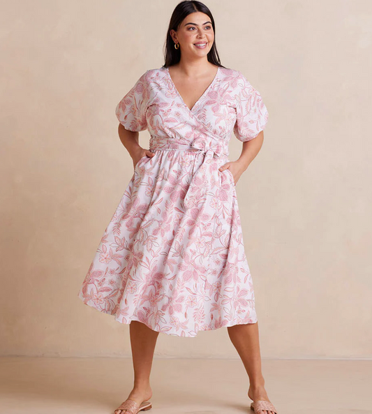 The Coastal Poplin Puff-Sleeve Wrap Midi Dress - Pink