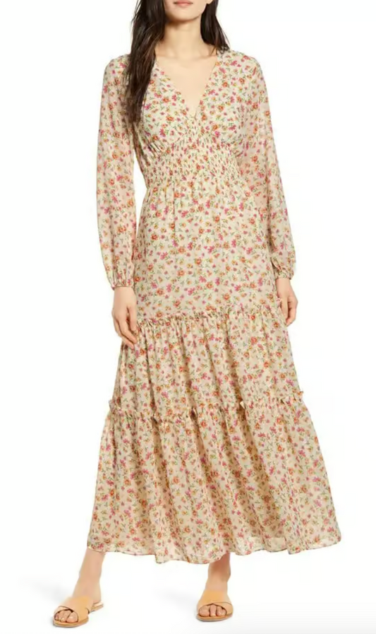 Love In Bloom Long Sleeve Floral Maxi Dress - Tan