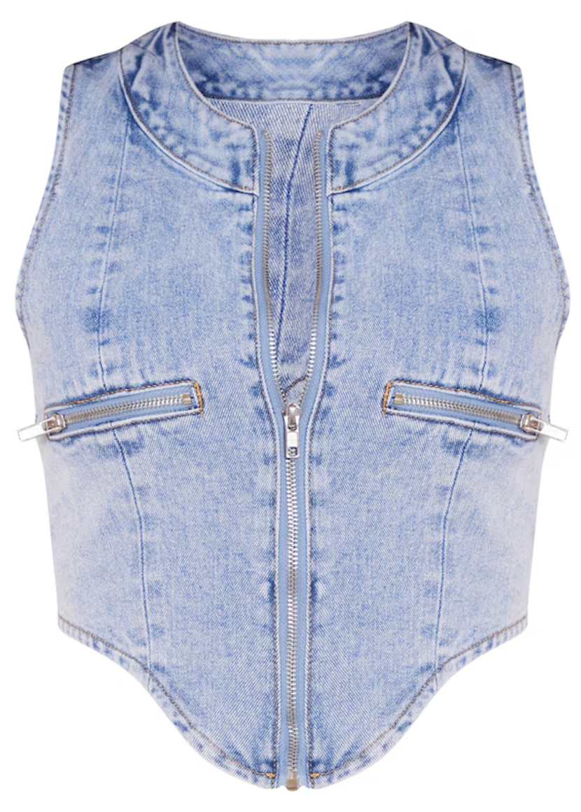 Tall Light Blue Wash Zip Detail Denim Corset Top - Light Blue Wash