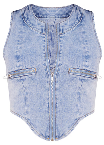 Tall Light Blue Wash Zip Detail Denim Corset Top - Light Blue Wash