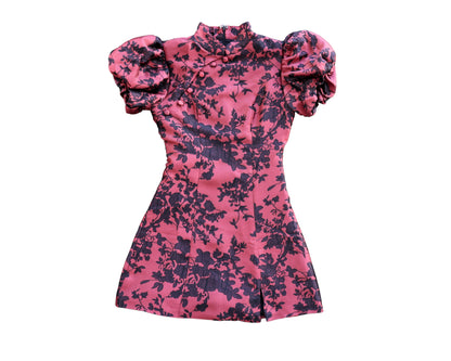 Mackay Mini Dress - Jacquard High Neck Puff Sleeve Dress in Red - US 2