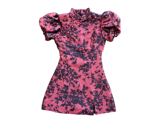 Mackay Mini Dress - Jacquard High Neck Puff Sleeve Dress in Red - US 2