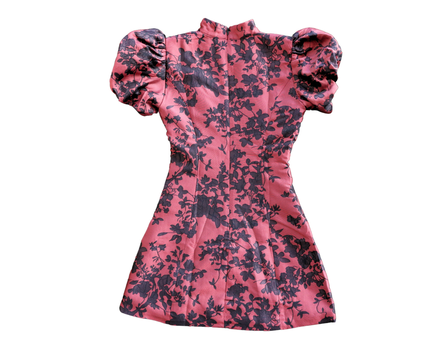 Mackay Mini Dress - Jacquard High Neck Puff Sleeve Dress in Red - US 2
