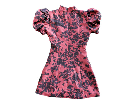 Mackay Mini Dress - Jacquard High Neck Puff Sleeve Dress in Red - US 2