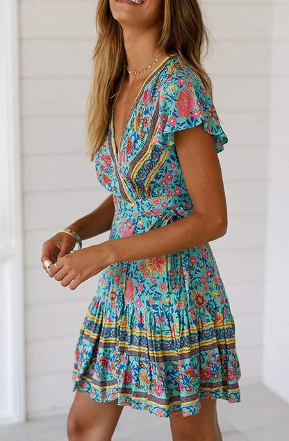 Summer Boho Beach Mini Dress - Floral