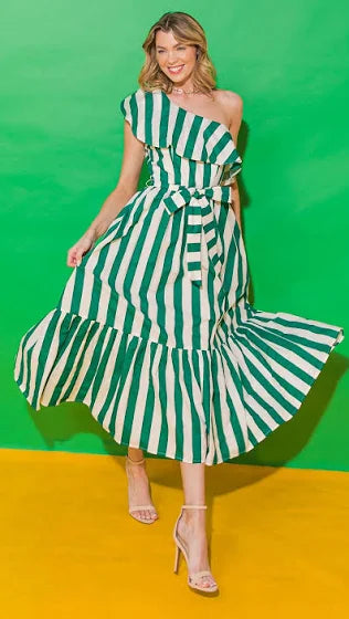 One-Shoulder Maxi Dress - Green & White Stripe