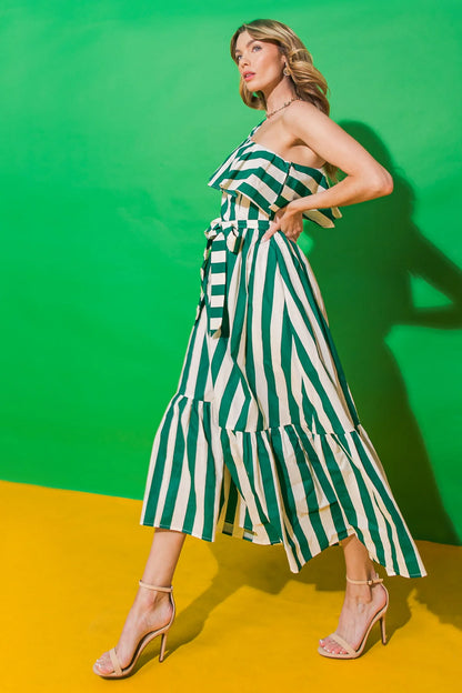 One-Shoulder Maxi Dress - Green & White Stripe