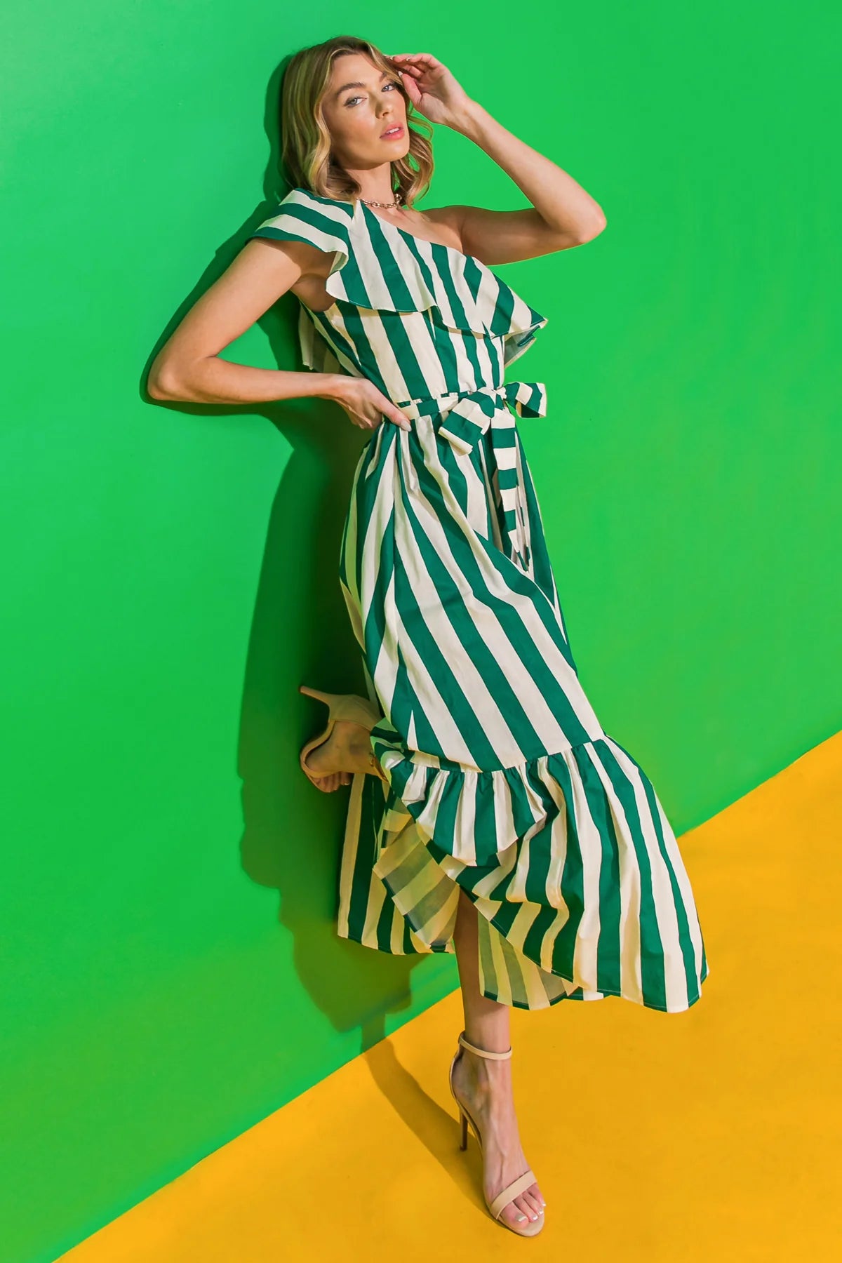 One-Shoulder Maxi Dress - Green & White Stripe