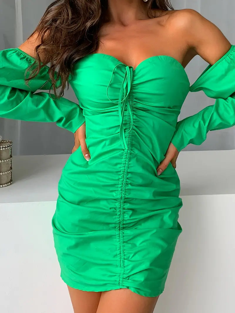 Off-Shoulder Long Sleeve Mini Dress - Green