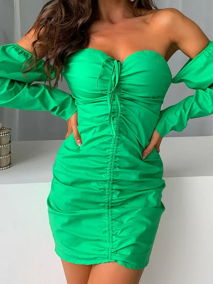 Off-Shoulder Long Sleeve Mini Dress - Green