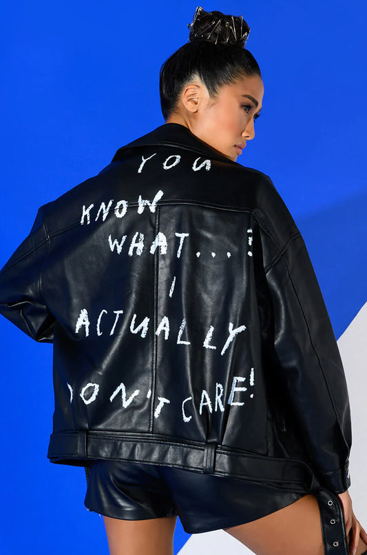 "I Actually Don't Care" Oversized Moto Jacket - Black