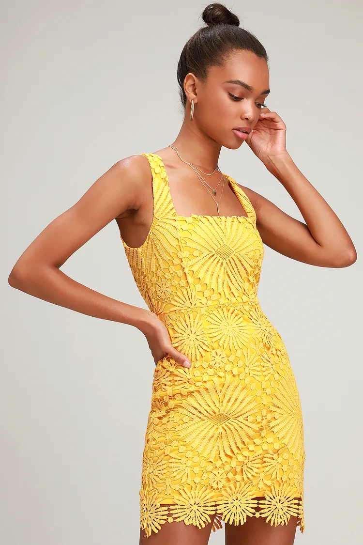 Heart Strings Lace Mini Dress - Yellow