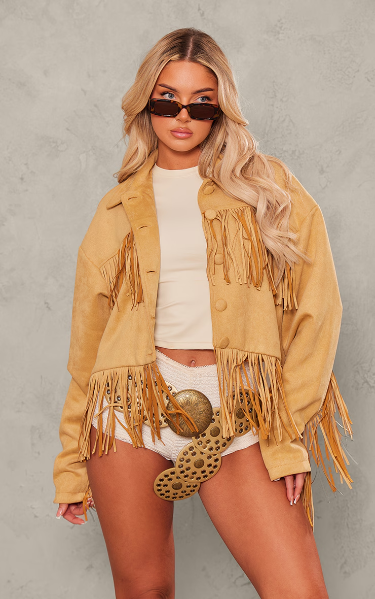 Faux Suede Western Fringe Detail Jacket - Camel