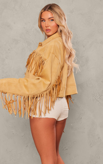 Faux Suede Western Fringe Detail Jacket - Camel