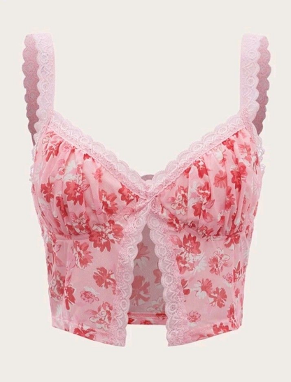 Lace Trim Tank Top - Tiger Pink