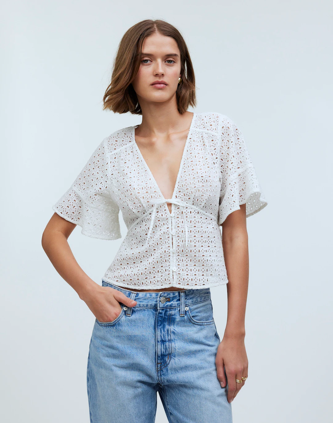 Tie-Front Top in Eyelet Blouse - Soft White